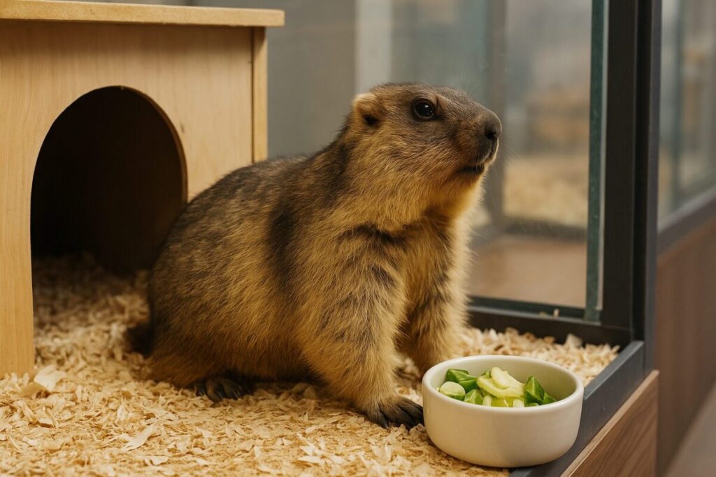 ケージの中で野菜を前に座るマーモットの写真