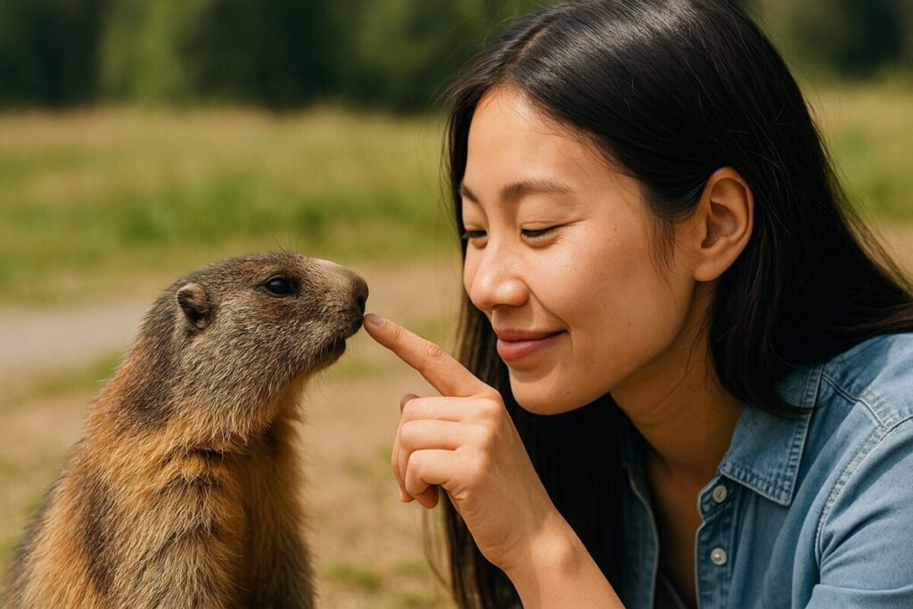 女性とマーモットが触れ合う写真