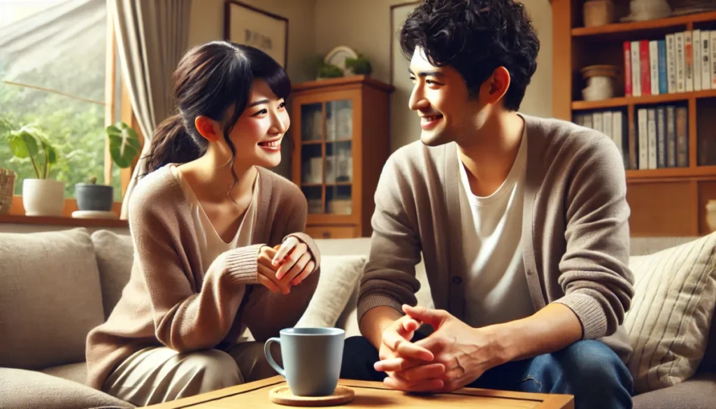 夫婦が居心地の良いリビングで向かい合い、笑顔で会話をしている。