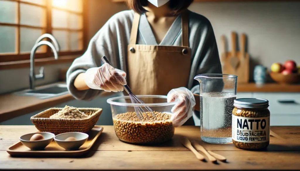 日本人が納豆と水を混ぜて納豆菌液肥を作っている様子