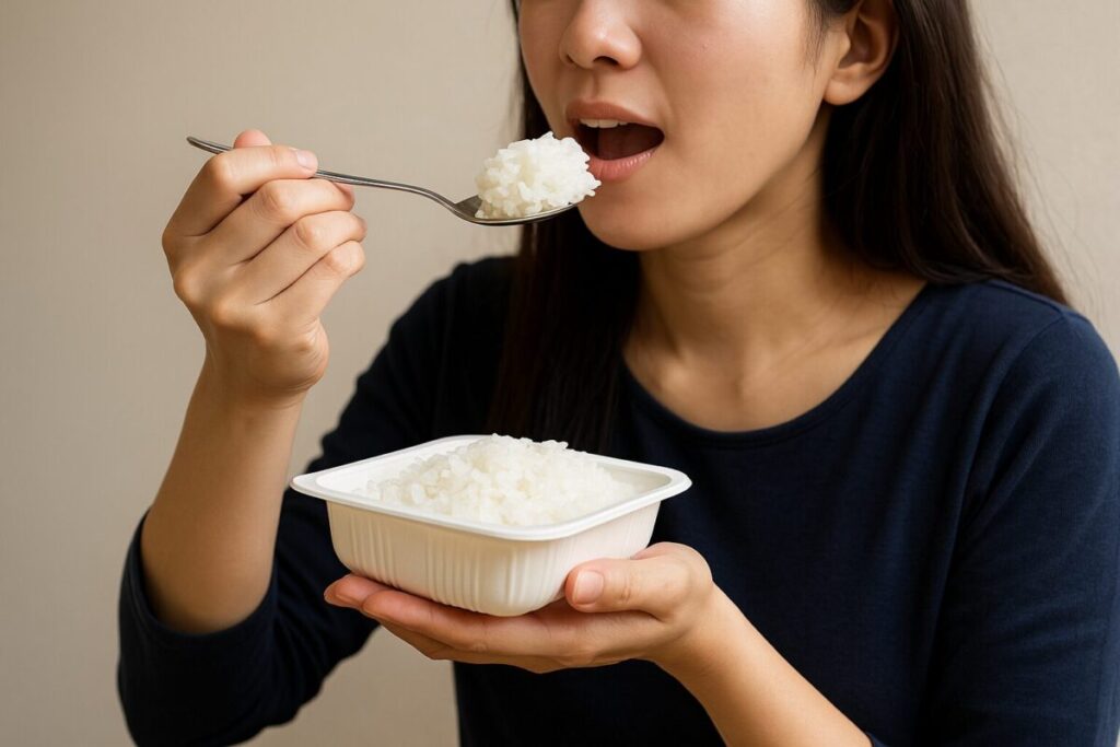 女性がパックご飯を手に持ち食べようとしている様子