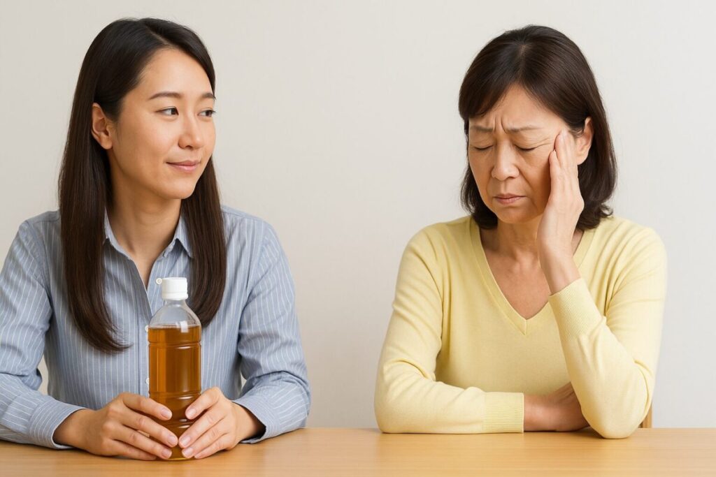 胡麻麦茶をすすめる若い女性と体調に不安を感じる年配女性