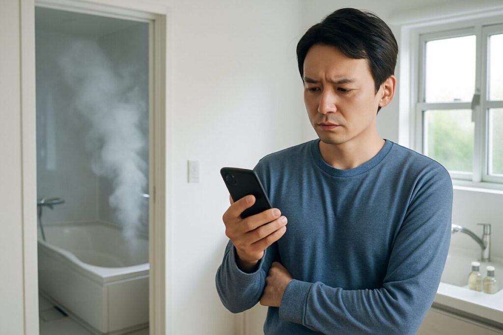 浴室から煙が出ている間、心配そうにスマートフォンを見る男性の写真