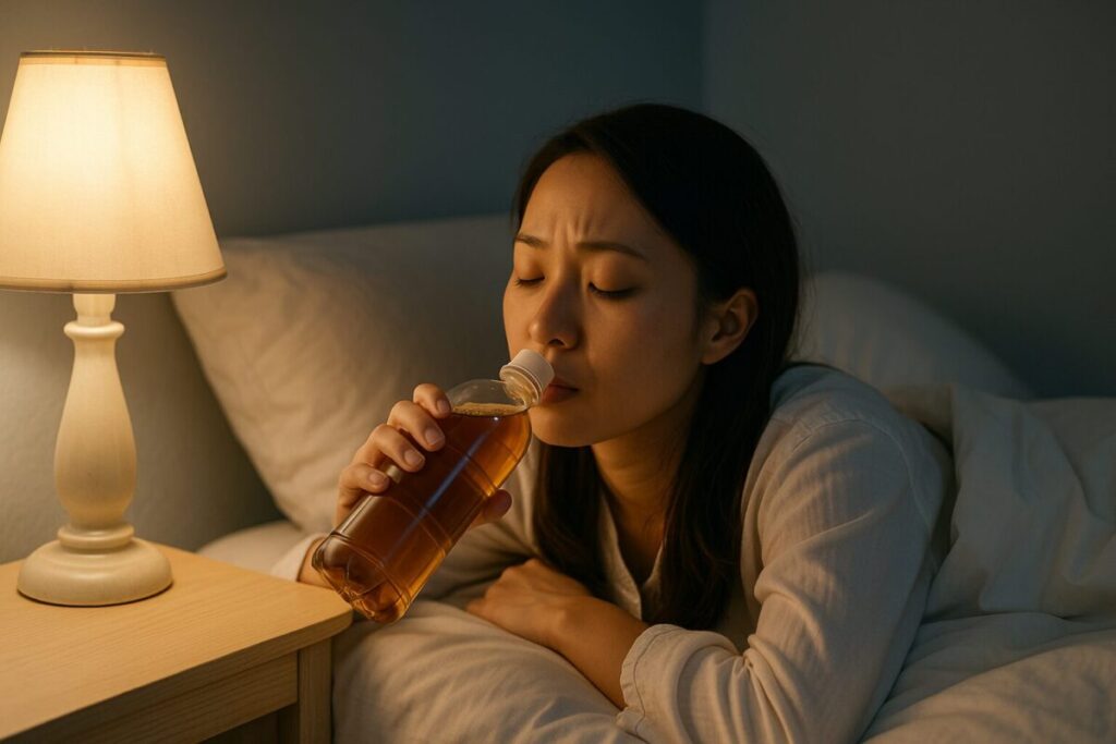 夜寝る前に胡麻麦茶を飲んでリラックスしている女性