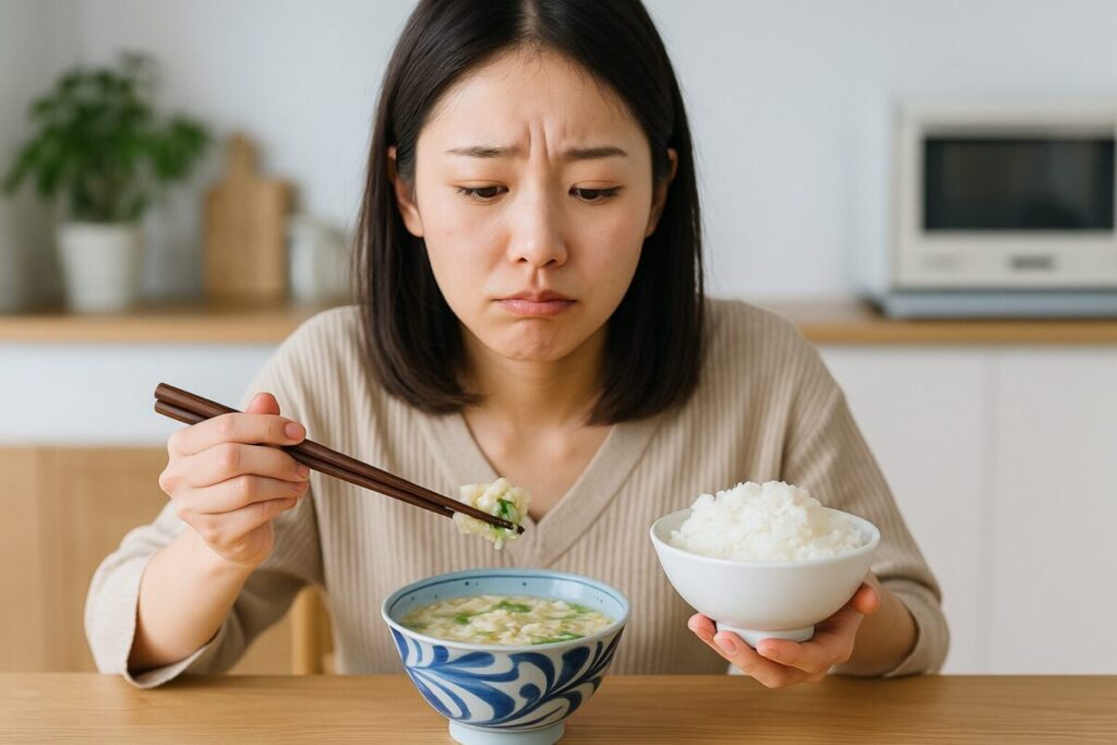 雑炊と白ご飯の量に悩む女性の写真