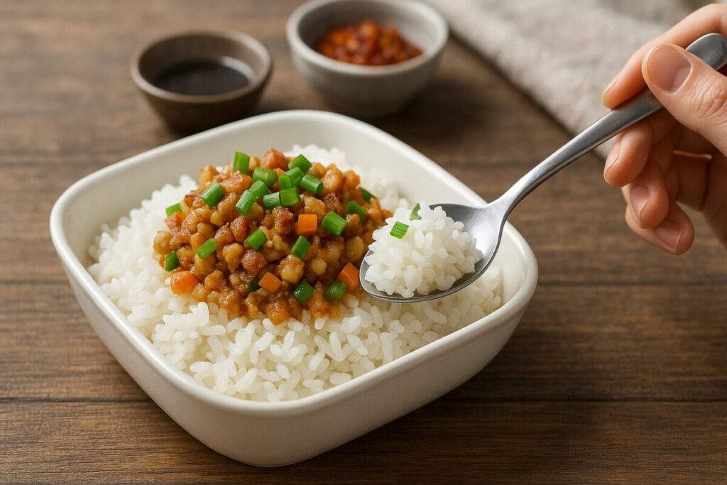 ご飯の上にそぼろ風の具材とネギが乗ったアレンジ料理の様子