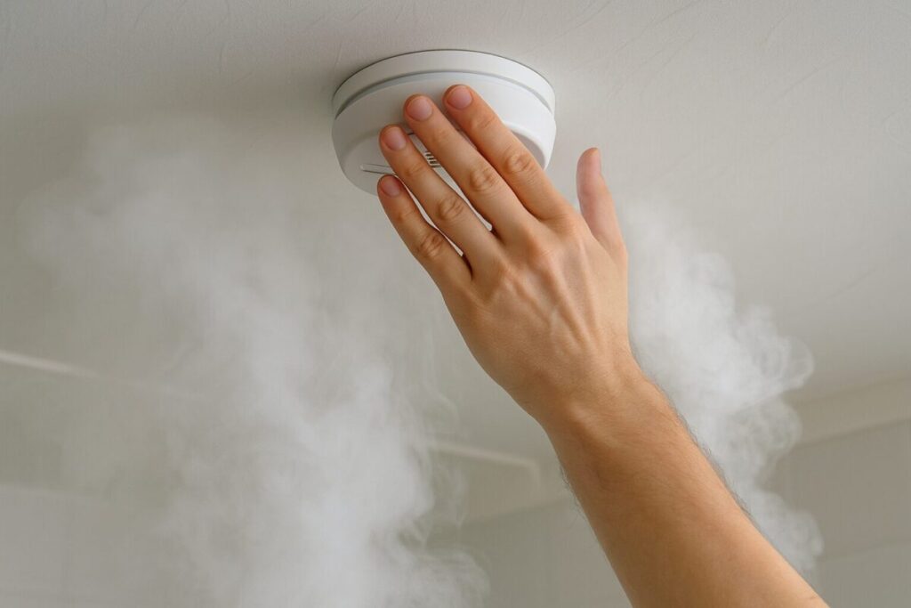 白い煙が充満する中で、手が火災報知器を覆っている写真