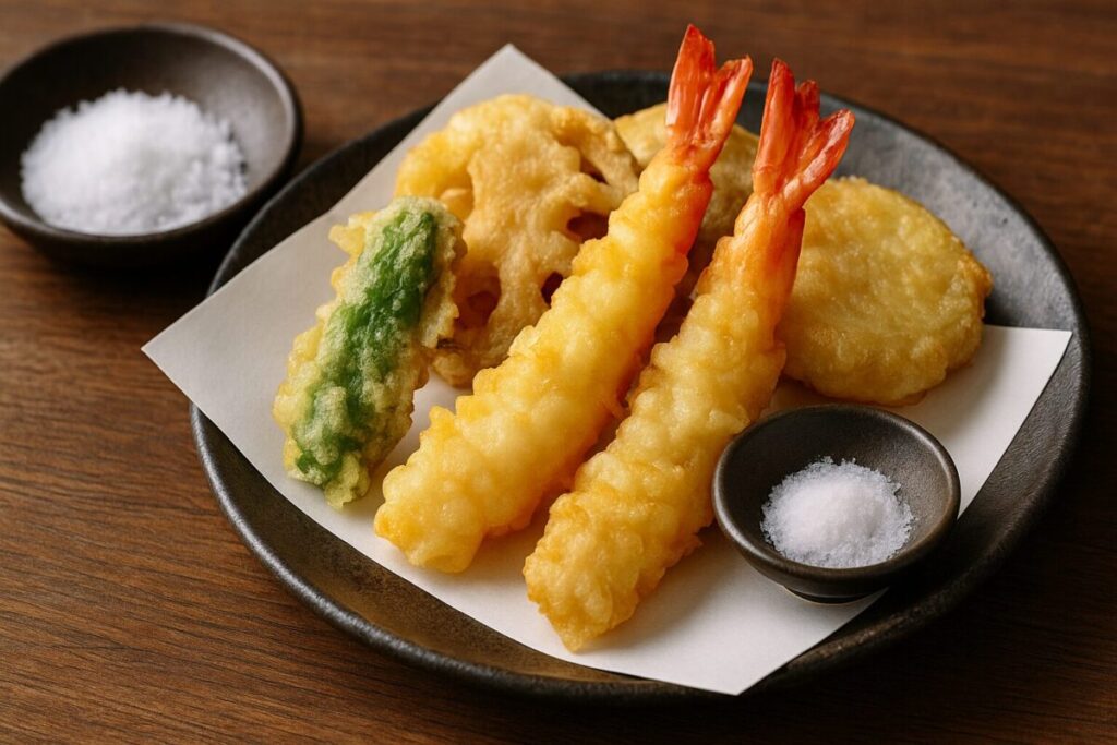 揚げたての天ぷらと小皿の塩が並ぶ食卓の様子