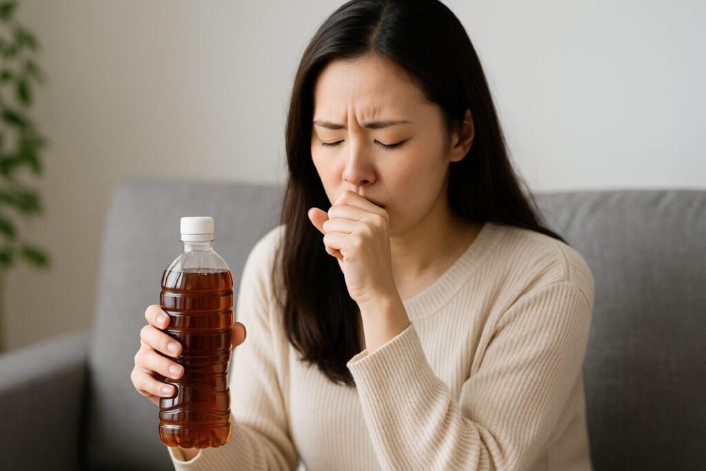 胡麻麦茶を飲んで咳き込む女性の様子