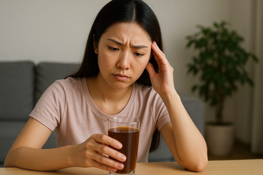 胡麻麦茶を見て効果を感じられず悩む女性の様子