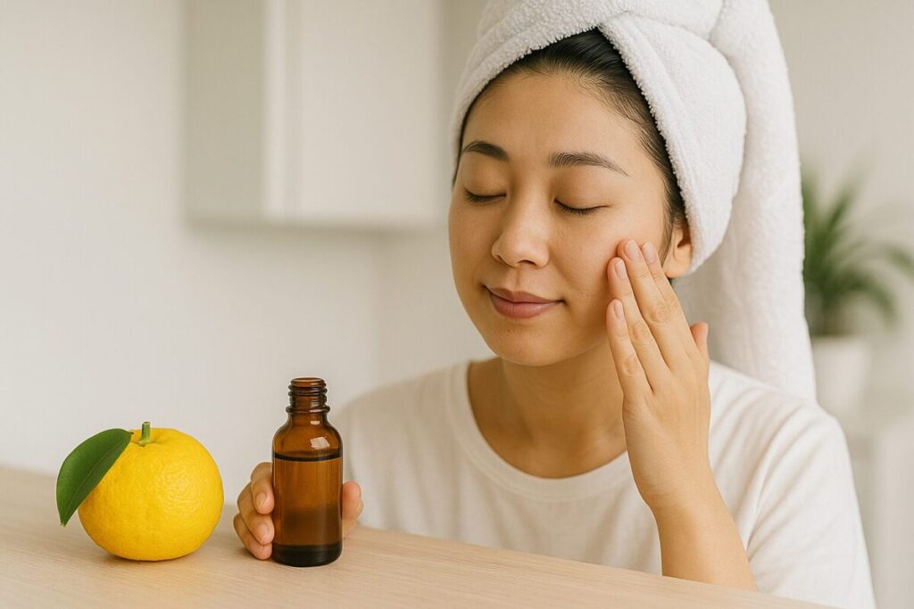 女性がゆずとオイル瓶を使って顔にオイルをなじませている写真