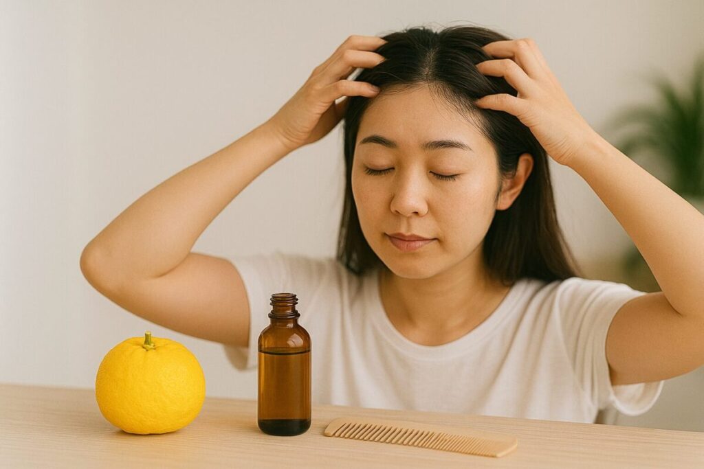ゆず油を使って頭皮マッサージをしている女性の写真