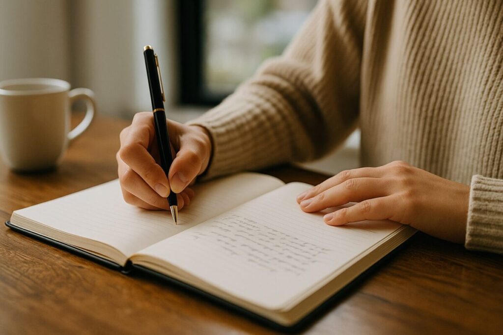 ノートに集中して書き込む人の手元と落ち着いた雰囲気の室内