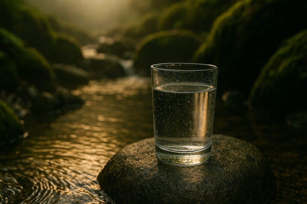 清流のそばの石に置かれた透明なコップと湧き水の風景
