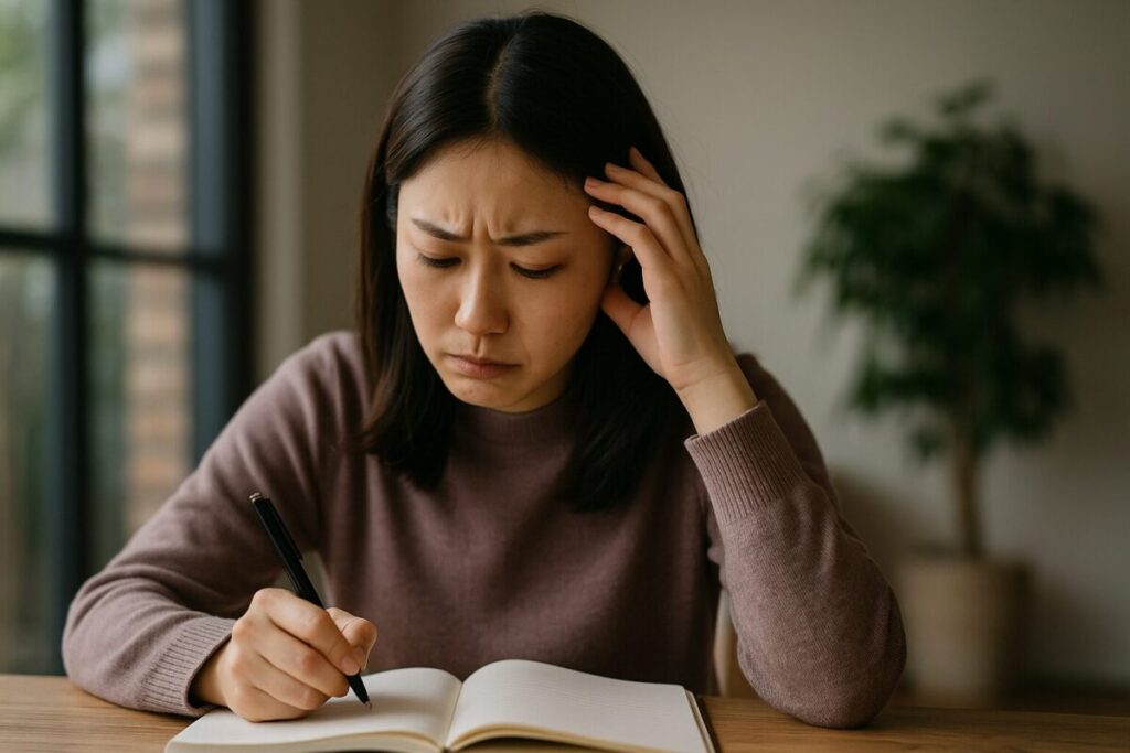 ジャーナリング中に悩む日本人女性の様子