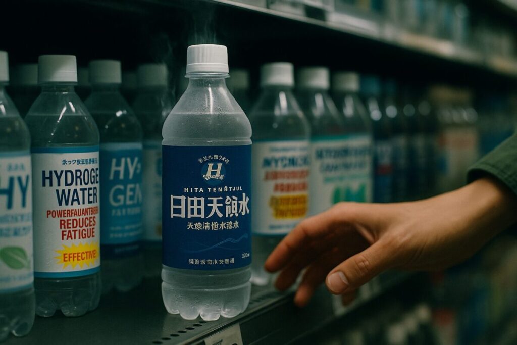スーパーの棚で日田天領水を手に取ろうとする人の手と他ブランドの水との比較シーン