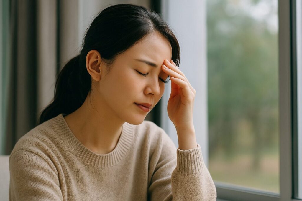 つらそうな表情で額に手を当てて考え込む女性