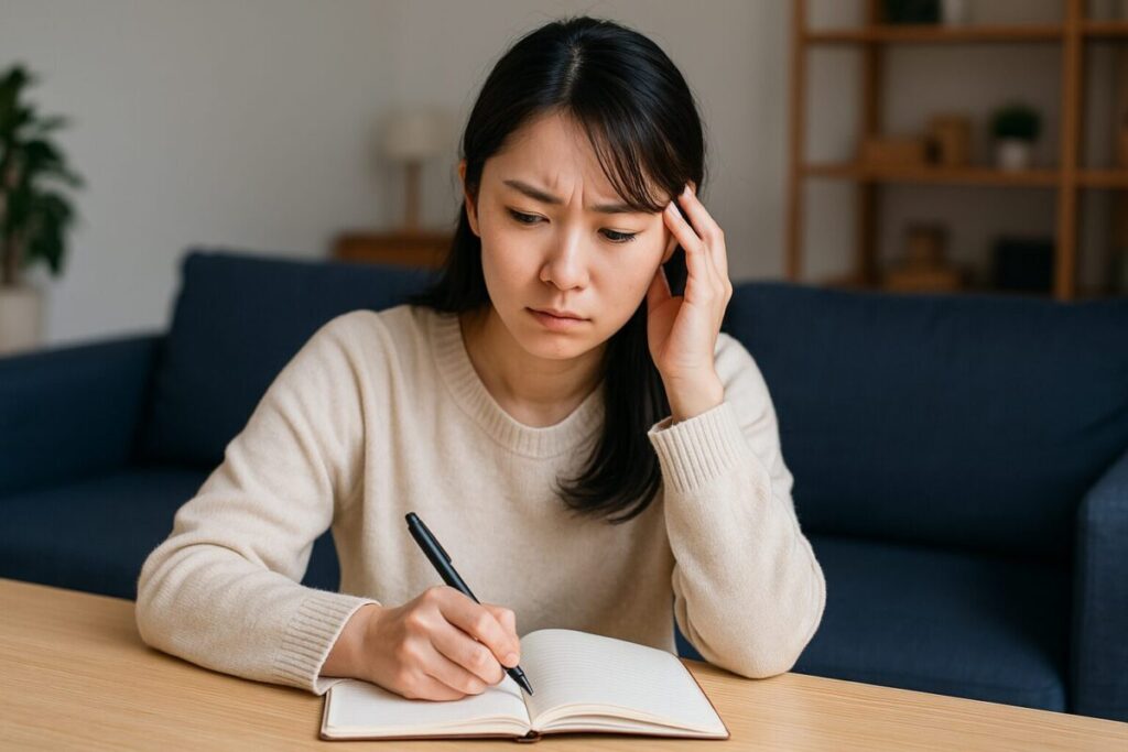 悩みながらノートに書き込む女性の様子
