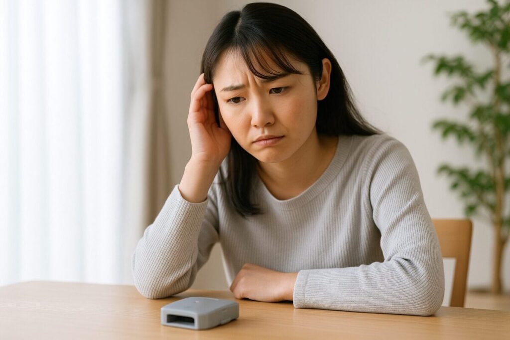 ブラックキャップを見つめて不安そうに悩む日本人女性の写真