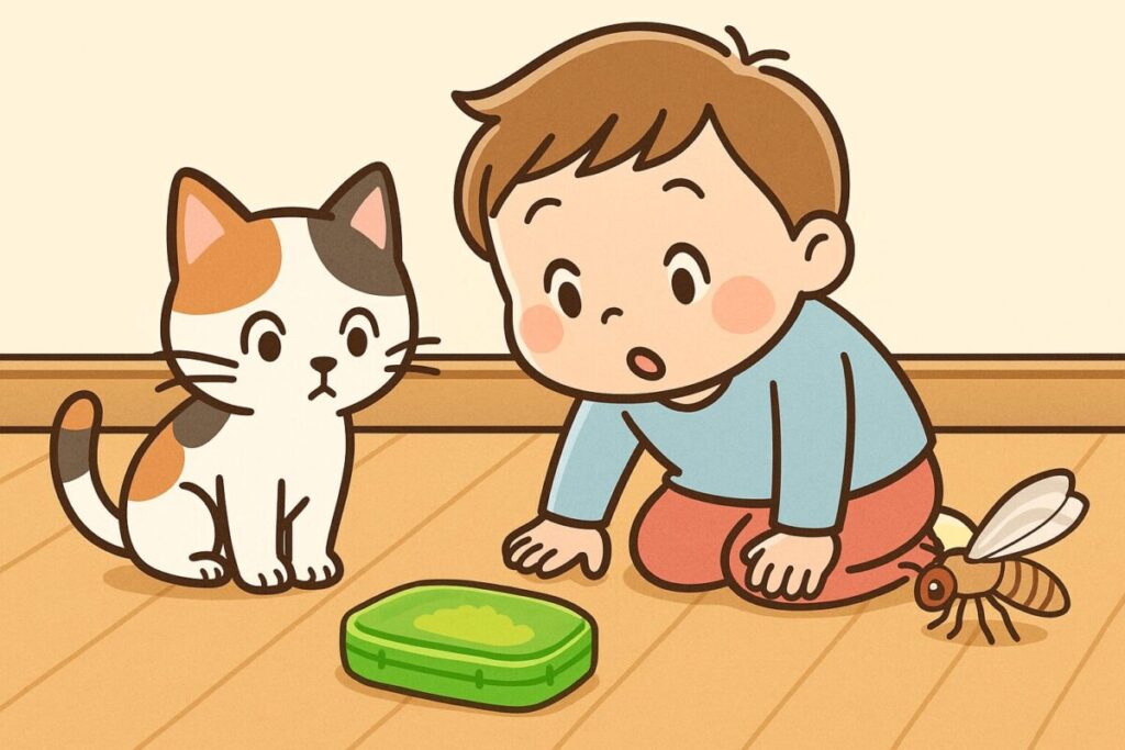 子供と猫がアリの巣コロリを興味深く見ているイラスト