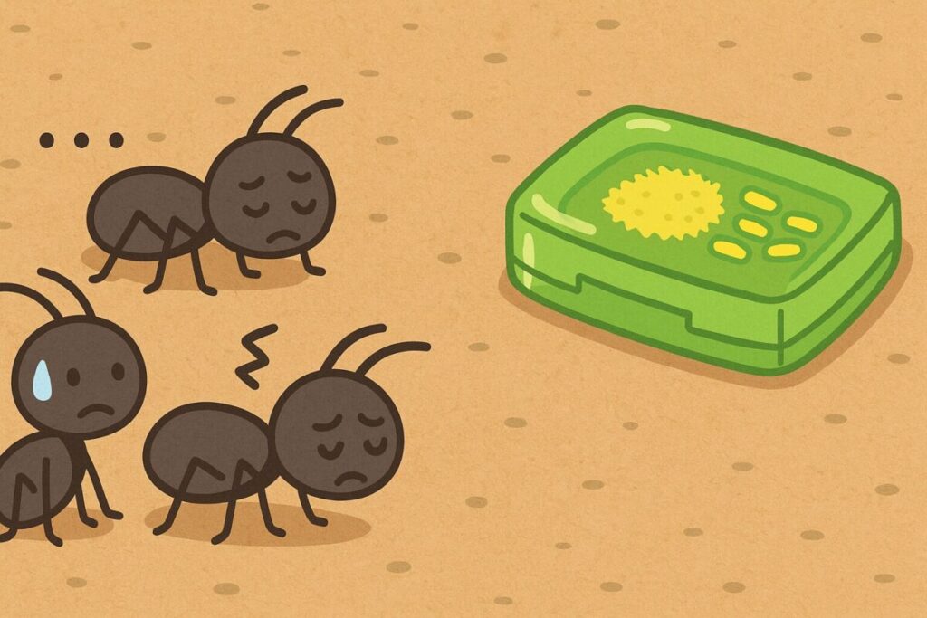 アリの巣コロリの前で困った表情を浮かべる小さいアリたちのイラスト