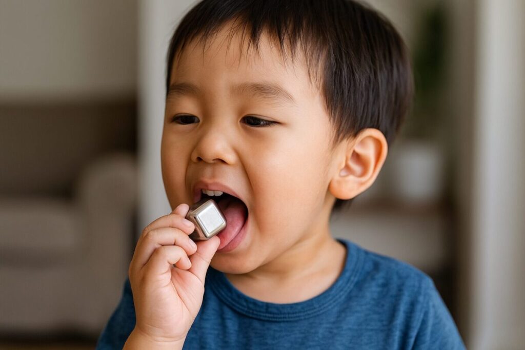 ステンレス製アイスキューブを口に入れようとする子供の様子