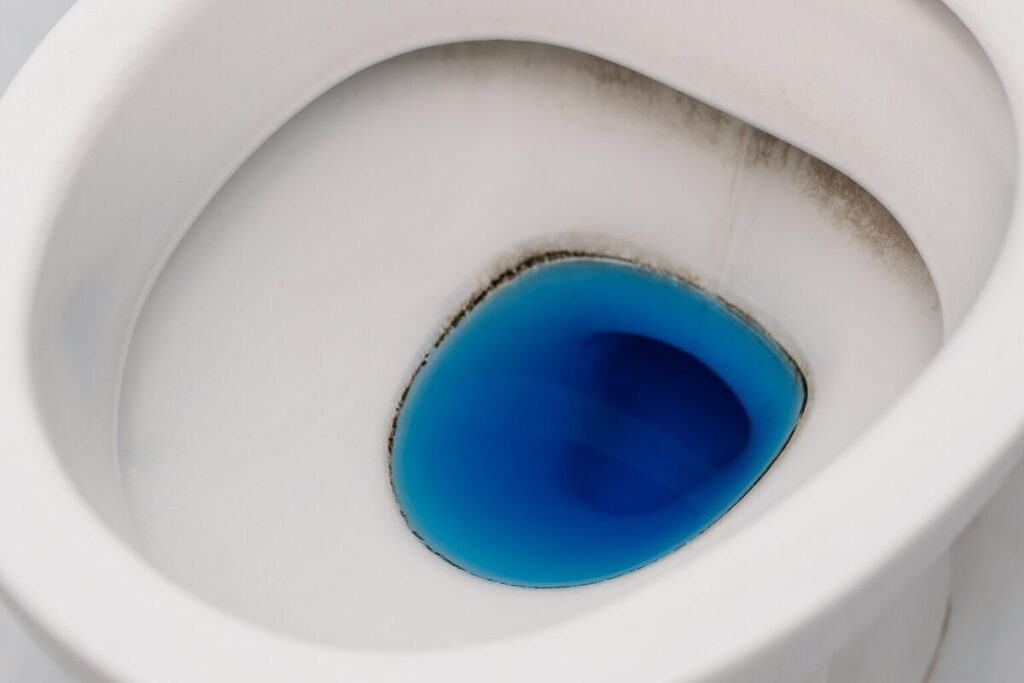 青い水と黒ずみが残るトイレの便器の様子