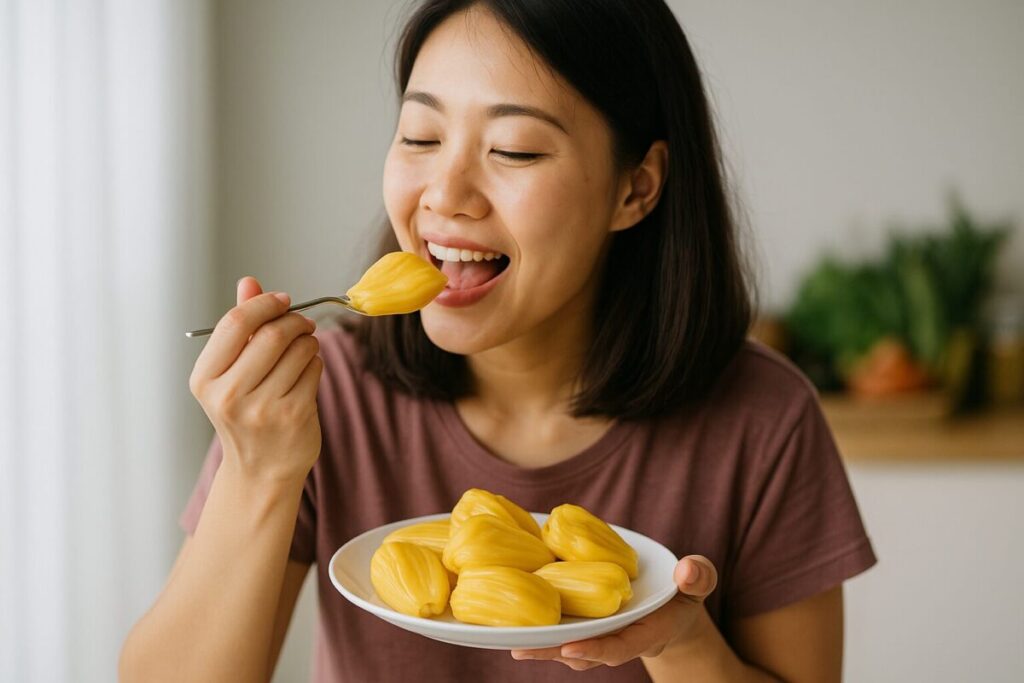 女性が皿のジャックフルーツを笑顔で食べている様子