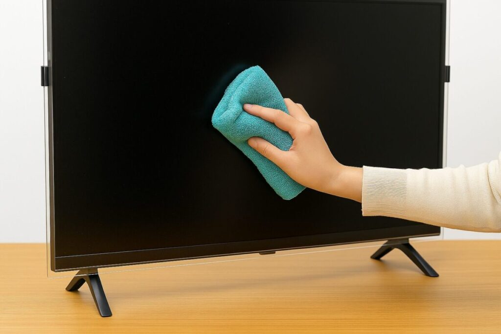 テレビ保護パネルに付いたホコリをクロスで掃除している様子