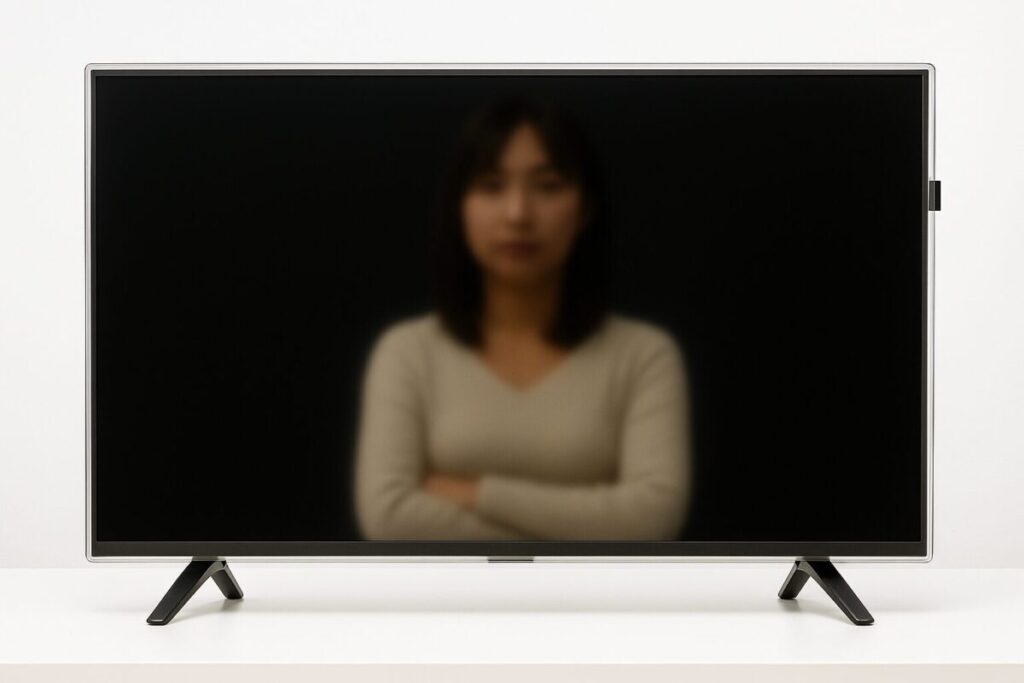 テレビ画面に人物の映り込みが見える様子