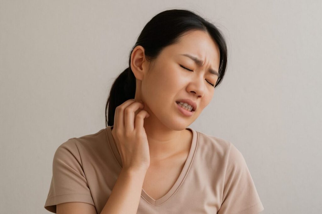 女性が首のかゆみに悩んでいる様子