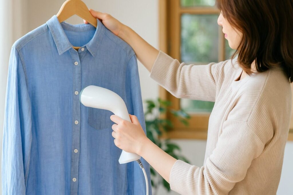 女性がハンガーにかけたシャツをスチーマーで丁寧にお手入れしている様子